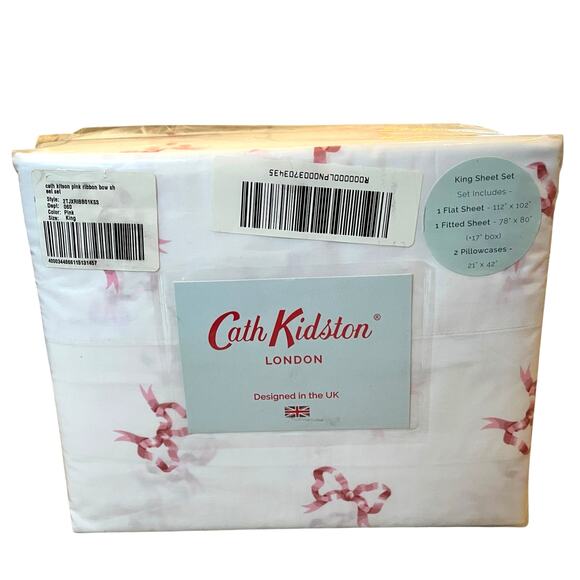 Cath Kidston 4pc KING Sheet Set Hot Pink Ribbons & Bows 100% Cotton White New - Picture 11 of 12